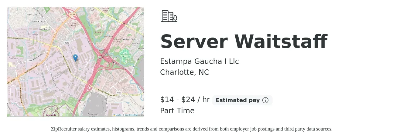Estampa Gaucha I Llc job posting for a Server Waitstaff in Charlotte, NC with a salary of $15 to $25 Hourly with a map of Charlotte location.