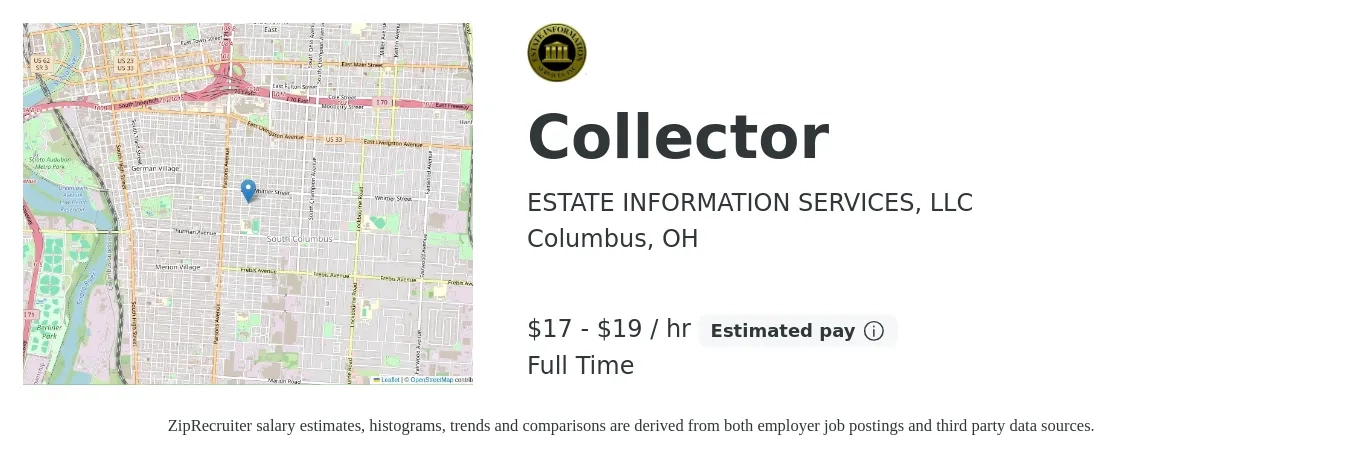 ESTATE INFORMATION SERVICES, LLC job posting for a Collector in Columbus, OH with a salary of $18 to $19 Hourly with a map of Columbus location.
