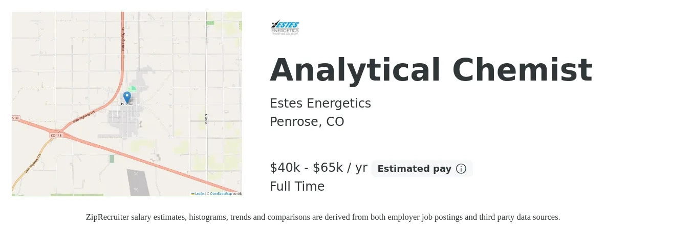 Estes Energetics job posting for a Analytical Chemist in Penrose, CO with a salary of $40,000 to $65,000 Yearly with a map of Penrose location.