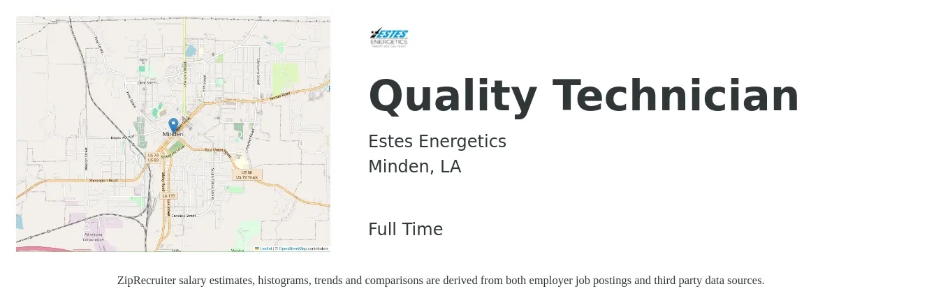 Estes Energetics job posting for a Quality Technician in Minden, LA with a salary of $15 to $20 Hourly with a map of Minden location.