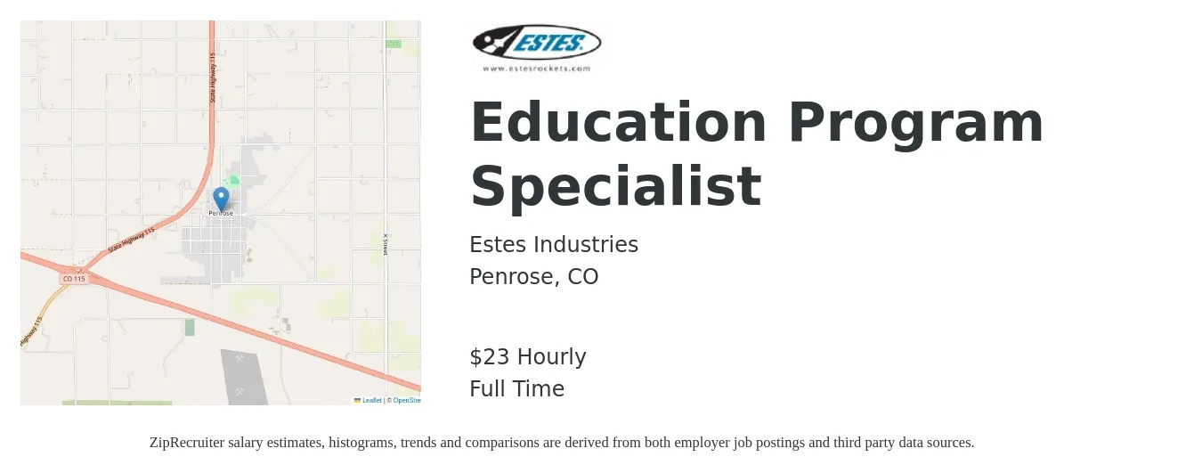 Estes Industries job posting for a Education Program Specialist in Penrose, CO with a salary of $24 Hourly with a map of Penrose location.