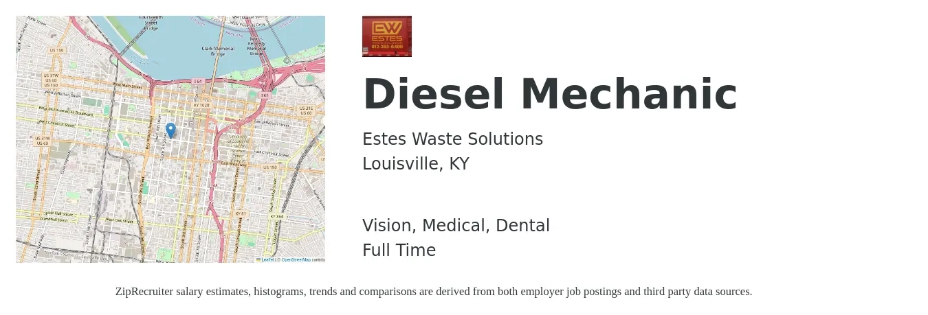 Estes Waste Solutions job posting for a Diesel Mechanic in Louisville, KY with a salary of $24 to $32 Hourly and benefits including medical, pto, retirement, vision, and dental with a map of Louisville location.