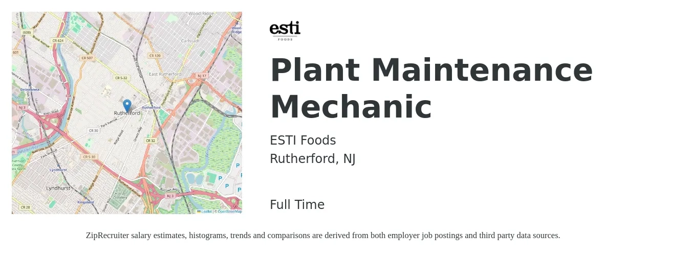 ESTI Foods job posting for a Plant Maintenance Mechanic in Rutherford, NJ with a salary of $24 to $36 Hourly with a map of Rutherford location.