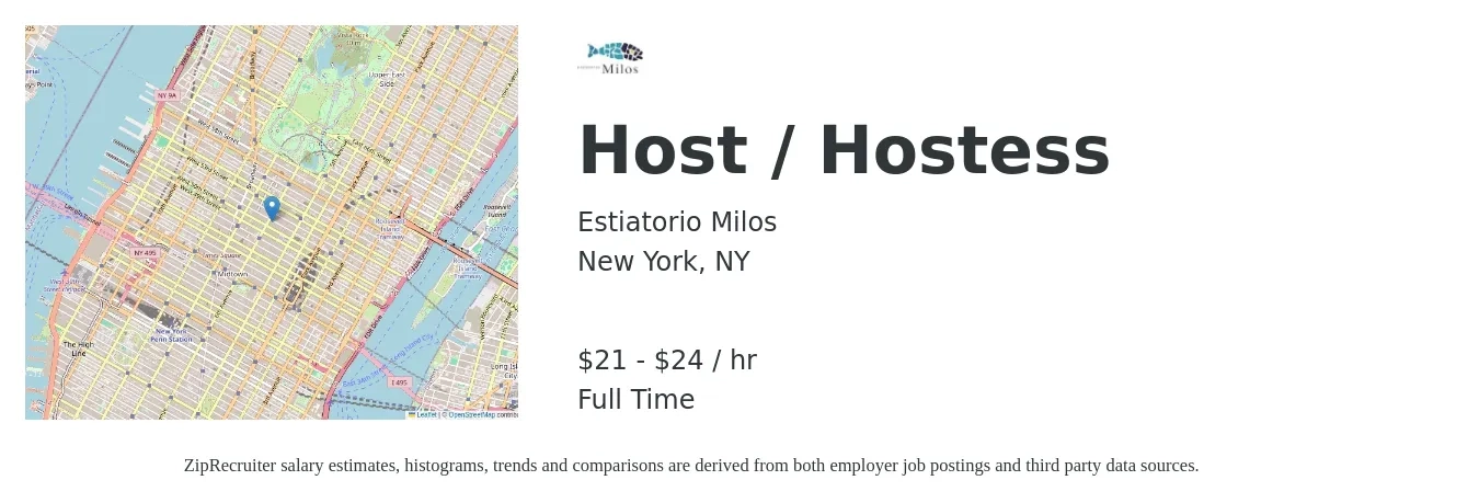Estiatorio Milos job posting for a Host / Hostess in New York, NY with a salary of $22 to $25 Hourly with a map of New York location.