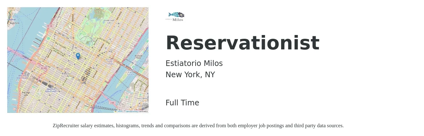 Estiatorio Milos job posting for a Reservationist in New York, NY with a salary of $19 to $24 Hourly with a map of New York location.