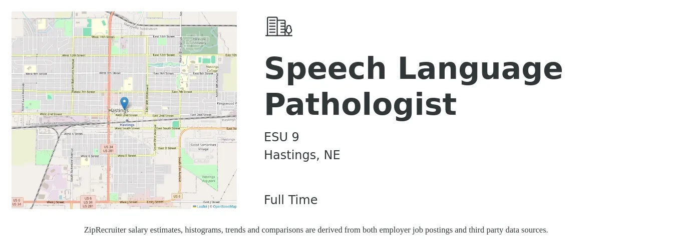 ESU 9 job posting for a Speech Language Pathologist in Hastings, NE with a salary of $36 to $52 Hourly with a map of Hastings location.