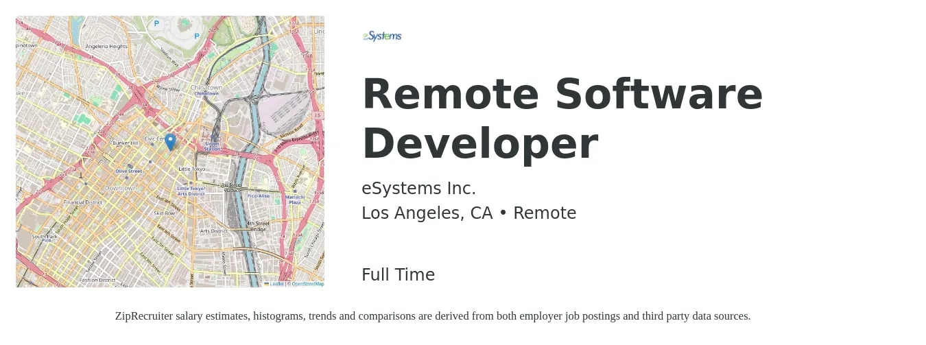 eSystems Inc. job posting for a Remote Software Developer in Los Angeles, CA with a salary of $97,000 to $140,100 Yearly with a map of Los Angeles location.