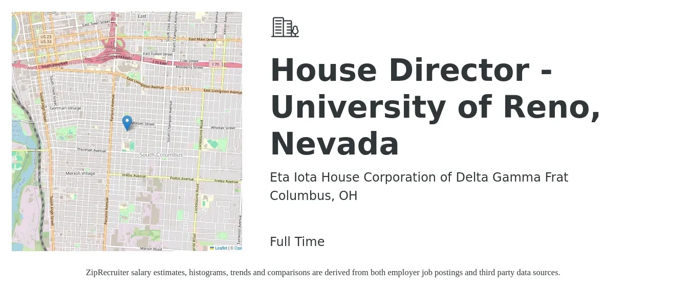 Eta Iota House Corporation of Delta Gamma Frat job posting for a House Director - University of Reno, Nevada in Columbus, OH with a map of Columbus location.