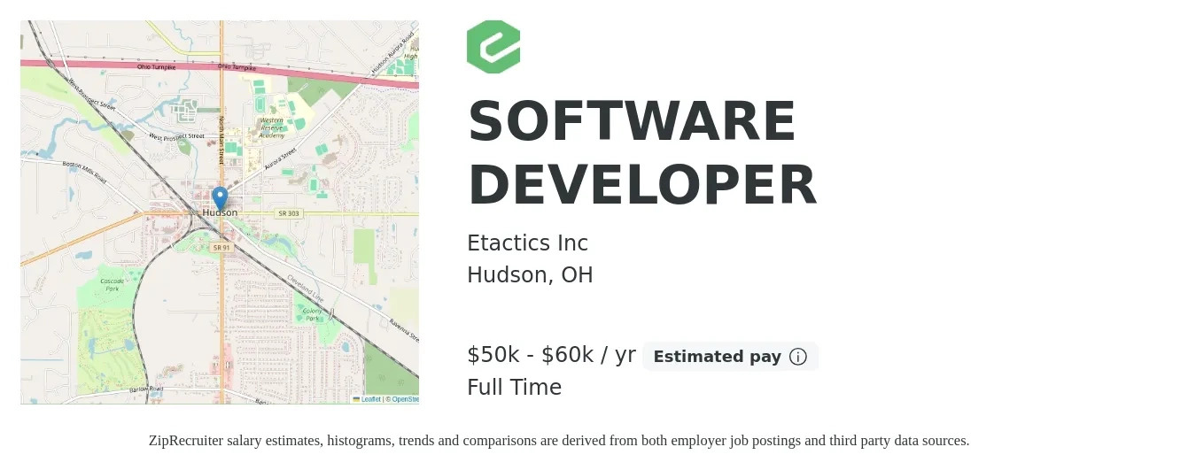 Etactics Inc job posting for a SOFTWARE DEVELOPER in Hudson, OH with a salary of $50,000 to $60,000 Yearly with a map of Hudson location.