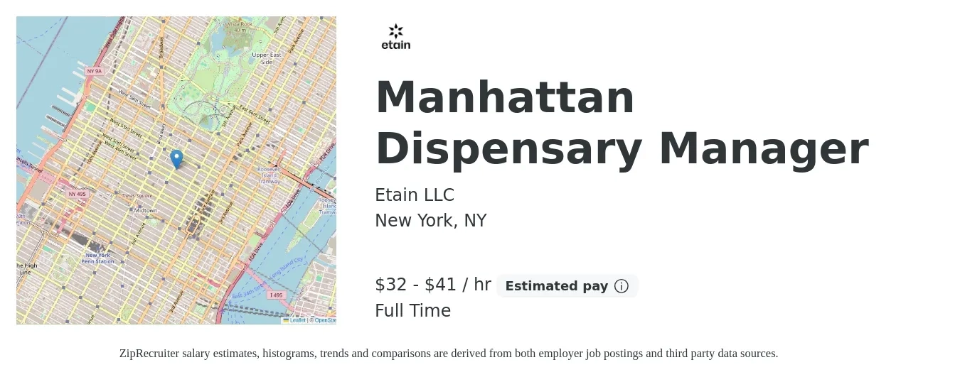 Etain LLC job posting for a Manhattan Dispensary Manager in New York, NY with a salary of $34 to $43 Hourly with a map of New York location.