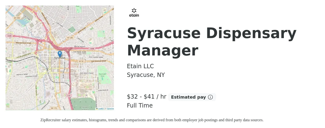 Etain LLC job posting for a Syracuse Dispensary Manager in Syracuse, NY with a salary of $70,000 to $90,000 Yearly with a map of Syracuse location.