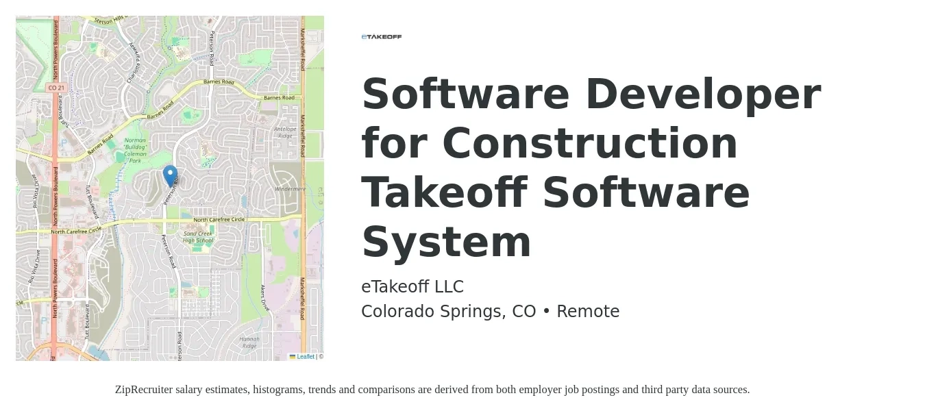 eTakeoff, LLC job posting for a Software Developer for Construction Takeoff Software System in Colorado Springs, CO with a salary of $80,000 to $100,000 Yearly and benefits including 401k, dental, medical, and vision with a map of Colorado Springs location.