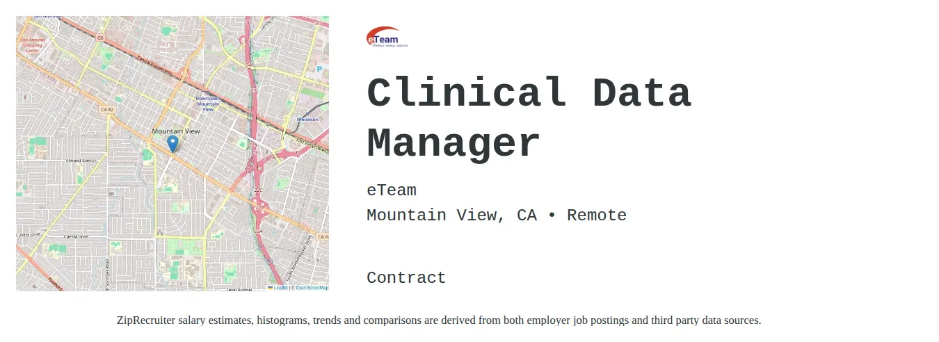 eTeam Inc job posting for a Clinical Data Manager in Mountain View, CA with a salary of $56 to $84 Hourly with a map of Mountain View location.
