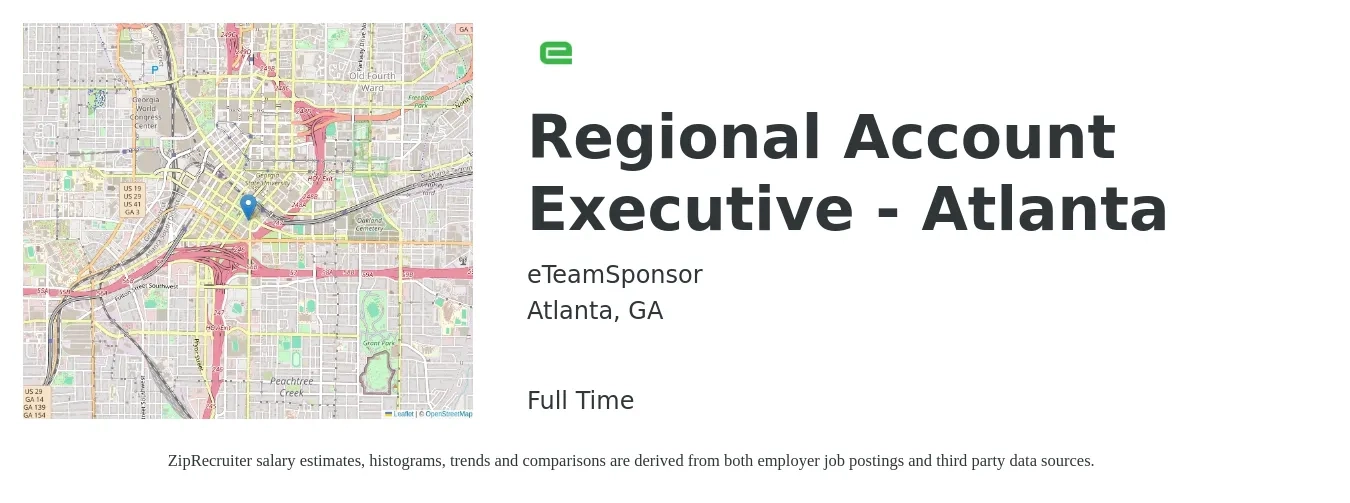 eTeamSponsor job posting for a Regional Account Executive - Atlanta in Atlanta, GA with a salary of $140,000 Yearly with a map of Atlanta location.