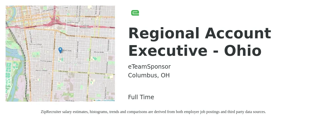 eTeamSponsor job posting for a Regional Account Executive - Ohio in Columbus, OH with a salary of $140,000 Yearly with a map of Columbus location.