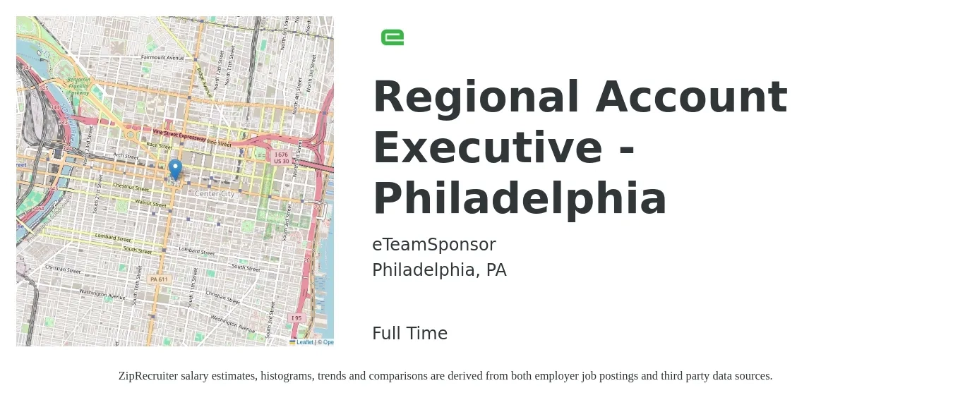 eTeamSponsor job posting for a Regional Account Executive - Philadelphia in Philadelphia, PA with a salary of $140,000 Yearly with a map of Philadelphia location.