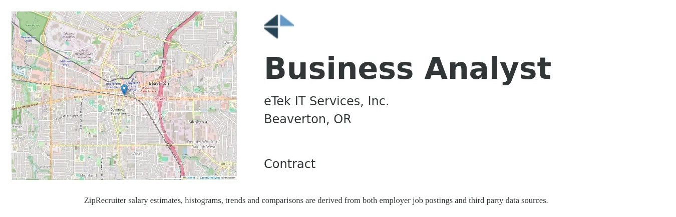 eTek IT Services, Inc. job posting for a Business Analyst in Beaverton, OR with a salary of $38 to $64 Hourly with a map of Beaverton location.