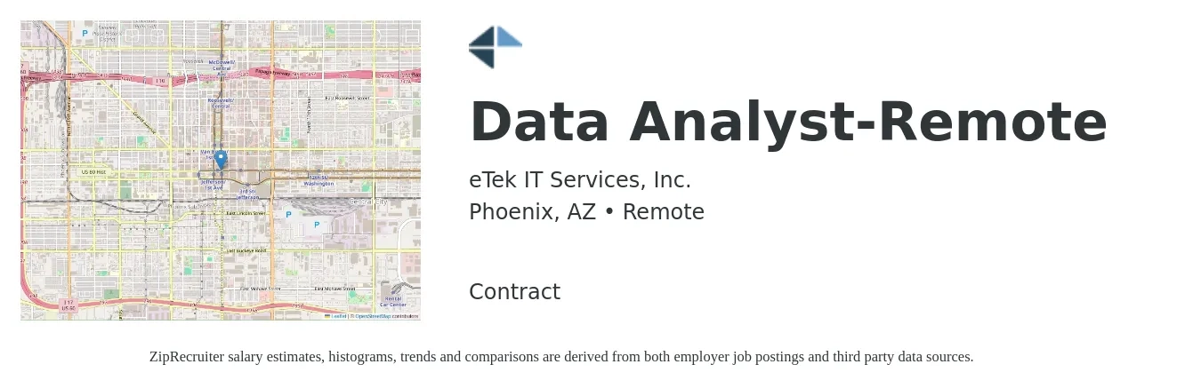 eTek IT Services, Inc. job posting for a Data Analyst-Remote in Phoenix, AZ with a salary of $62,100 to $96,300 Yearly with a map of Phoenix location.
