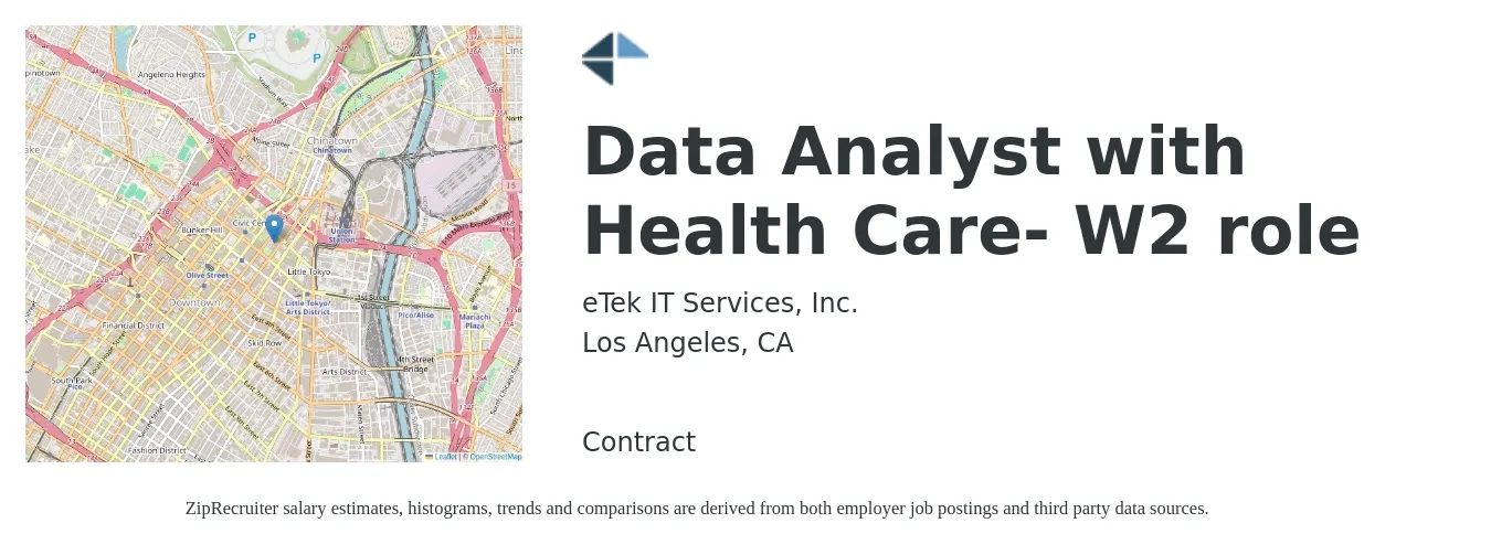 eTek IT Services, Inc. job posting for a Data Analyst with Health Care- W2 role in Los Angeles, CA with a salary of $67,300 to $104,500 Yearly with a map of Los Angeles location.