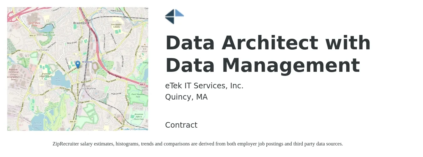eTek IT Services, Inc. job posting for a Data Architect with Data Management in Quincy, MA with a salary of $67 to $86 Hourly with a map of Quincy location.