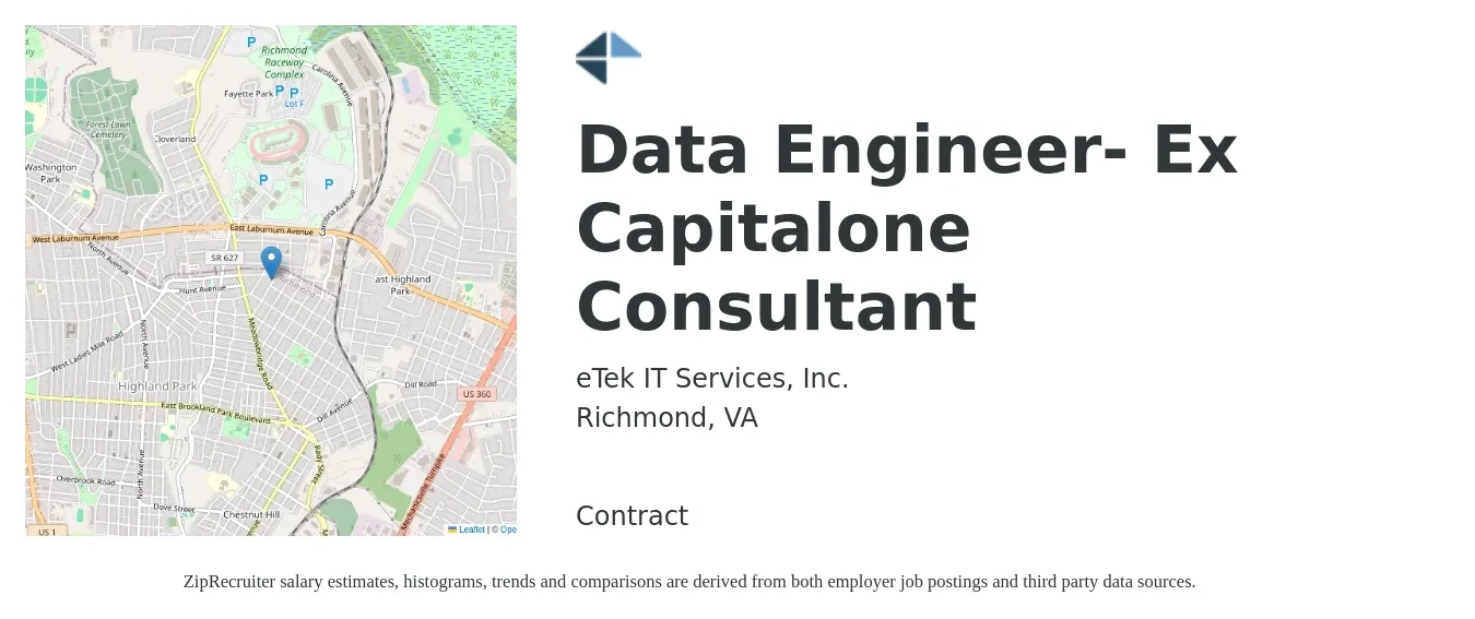 eTek IT Services, Inc. job posting for a Data Engineer- Ex Capitalone Consultant in Richmond, VA with a salary of $113,300 to $136,100 Yearly with a map of Richmond location.