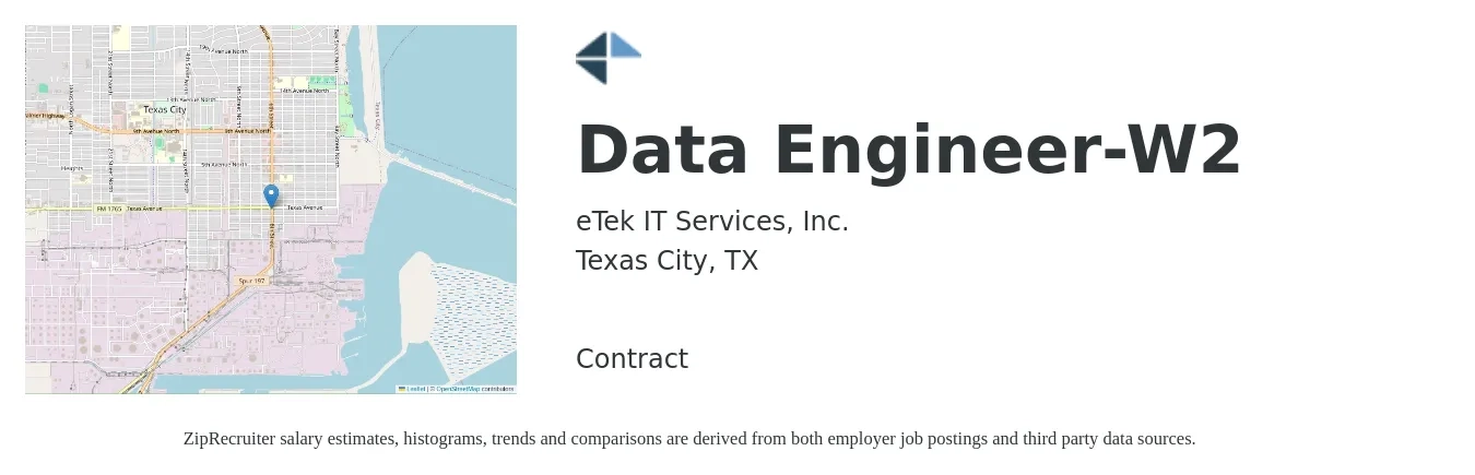 eTek IT Services, Inc. job posting for a Data Engineer-W2 in Texas City, TX with a salary of $98,000 to $117,700 Yearly with a map of Texas City location.