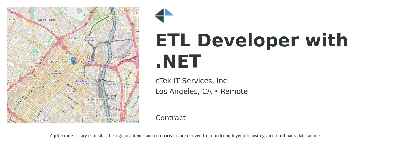 eTek IT Services, Inc. job posting for a ETL Developer with .NET in Los Angeles, CA with a salary of $55 to $72 Hourly with a map of Los Angeles location.