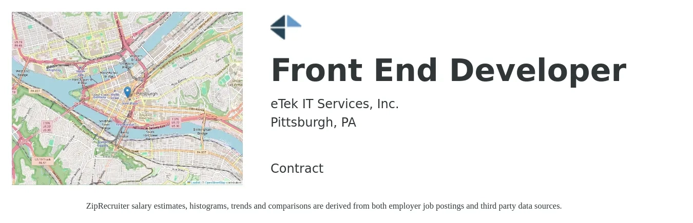 eTek IT Services, Inc. job posting for a Front End Developer in Pittsburgh, PA with a salary of $101,000 to $117,500 Yearly with a map of Pittsburgh location.