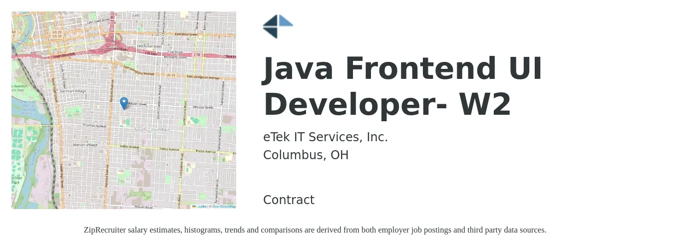eTek IT Services, Inc. job posting for a Java Frontend UI Developer- W2 in Columbus, OH with a salary of $42 to $63 Hourly with a map of Columbus location.