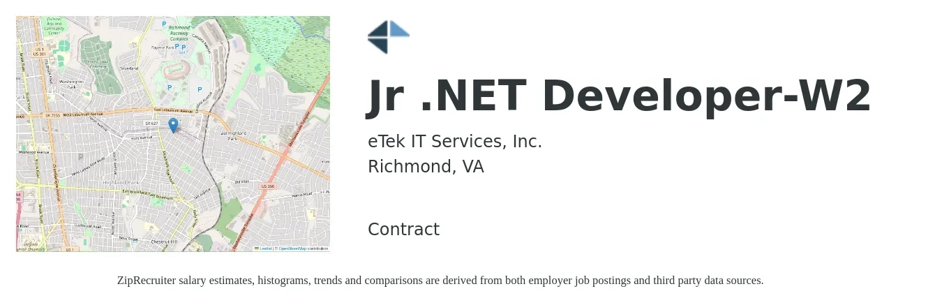 eTek IT Services, Inc. job posting for a Jr .NET Developer-W2 in Richmond, VA with a salary of $66,300 to $86,100 Yearly with a map of Richmond location.
