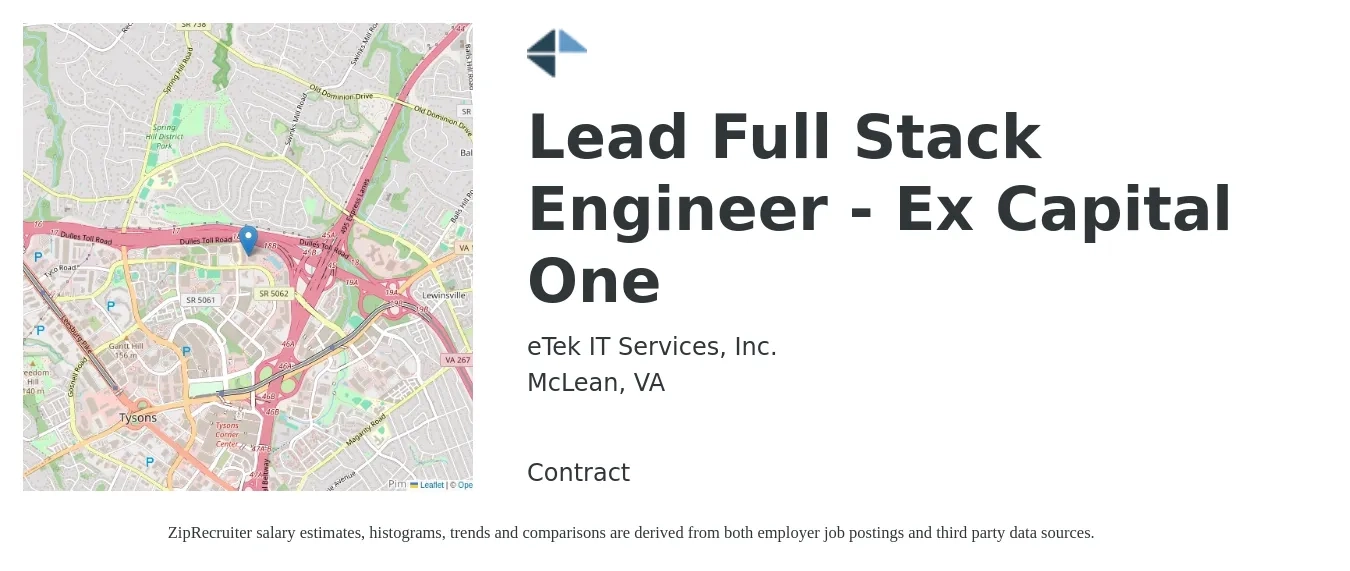 eTek IT Services, Inc. job posting for a Lead Full Stack Engineer - Ex Capital One in McLean, VA with a salary of $112,200 to $159,700 Yearly with a map of McLean location.