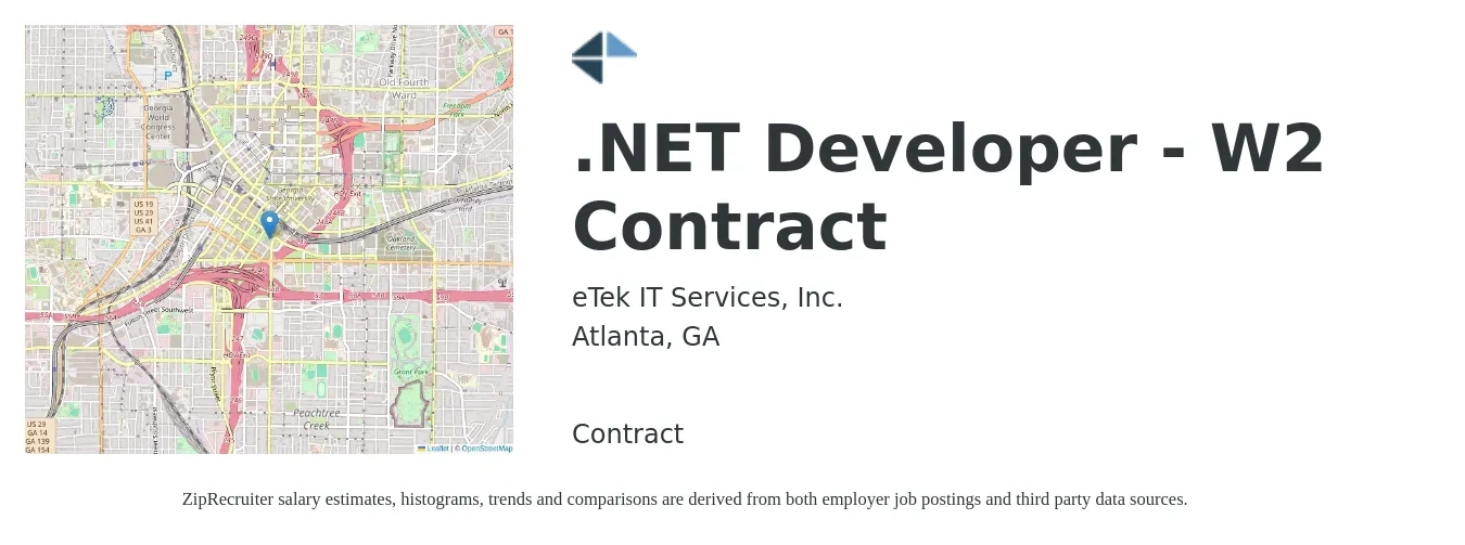 eTek IT Services, Inc. job posting for a .NET Developer - W2 Contract in Atlanta, GA with a salary of $101,900 to $151,000 Yearly with a map of Atlanta location.