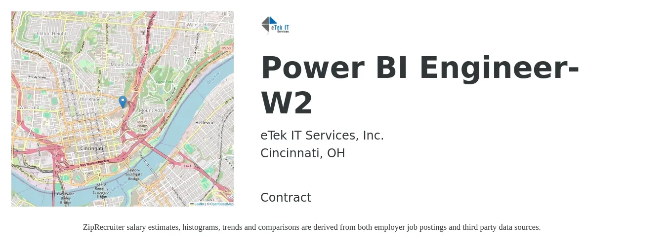 eTek IT Services, Inc. job posting for a Power BI Engineer-W2 in Cincinnati, OH with a salary of $44 to $62 Hourly with a map of Cincinnati location.