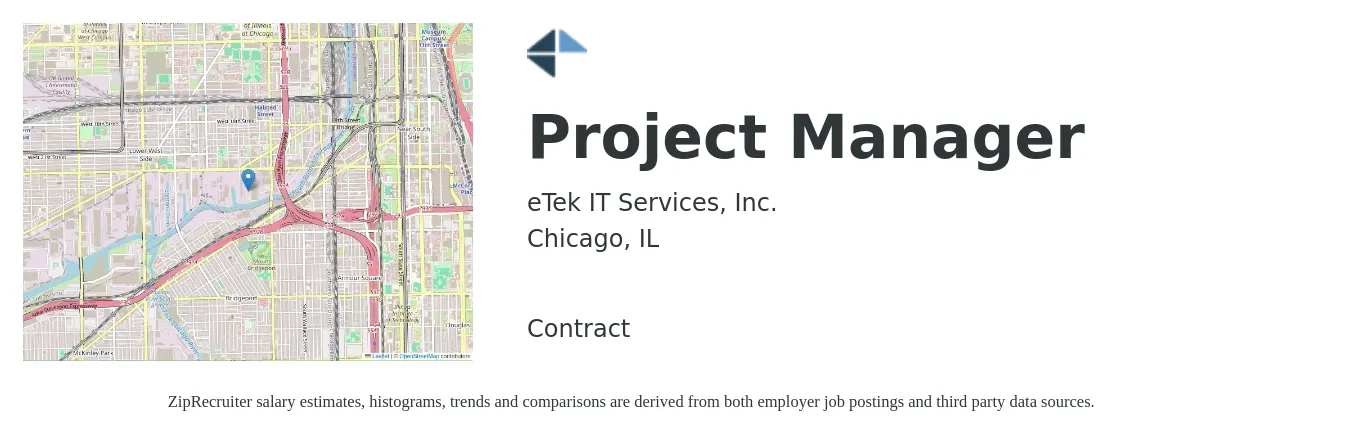 eTek IT Services, Inc. job posting for a Project Manager in Chicago, IL with a salary of $80,900 to $126,700 Yearly with a map of Chicago location.