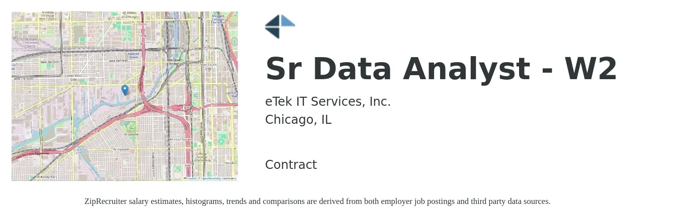eTek IT Services, Inc. job posting for a Sr Data Analyst - W2 in Chicago, IL with a salary of $88,600 to $111,800 Yearly with a map of Chicago location.