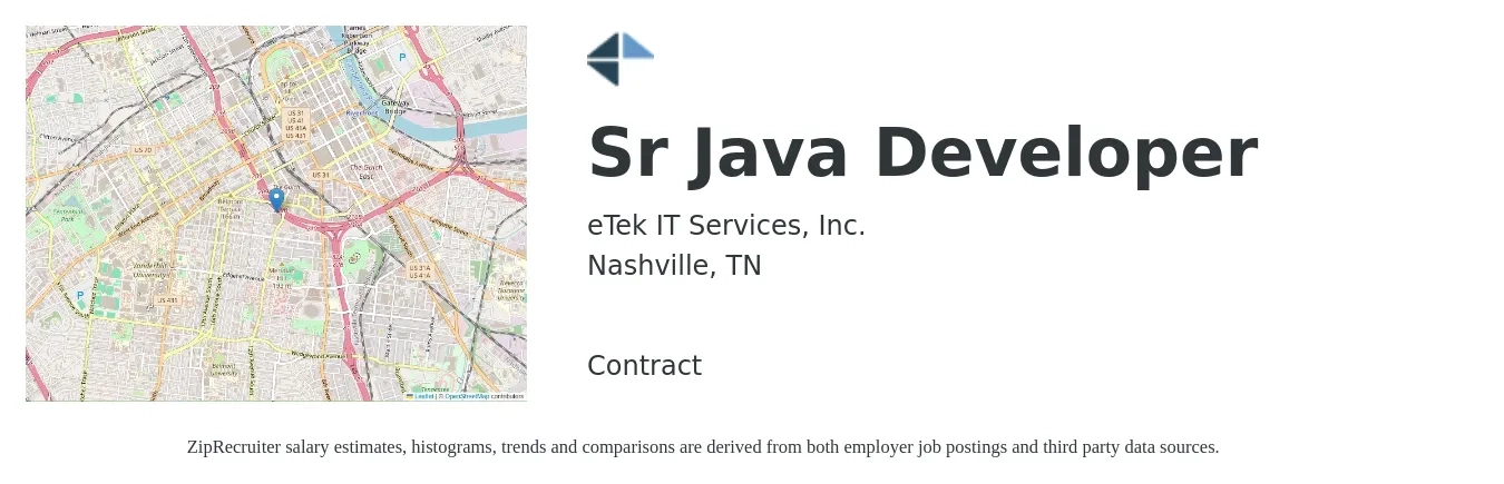 eTek IT Services, Inc. job posting for a Sr Java Developer in Nashville, TN with a salary of $55 to $70 Hourly with a map of Nashville location.