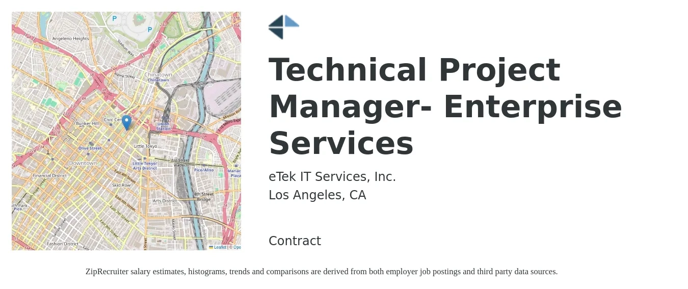 eTek IT Services, Inc. job posting for a Technical Project Manager- Enterprise Services in Los Angeles, CA with a salary of $103,400 to $144,900 Yearly with a map of Los Angeles location.
