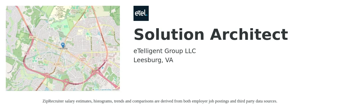 eTelligent Group job posting for a Solution Architect in Leesburg, VA with a salary of $64 to $84 Hourly with a map of Leesburg location.