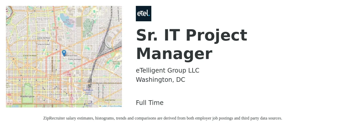 eTelligent Group LLC job posting for a Sr. IT Project Manager in Washington, DC with a salary of $148,400 to $148,900 Yearly with a map of Washington location.