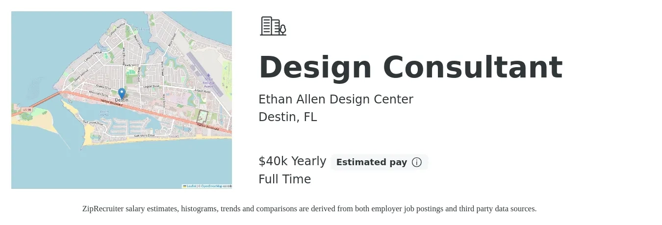Ethan Allen Design Center job posting for a Design Consultant in Destin, FL with a salary of $40,000 Yearly (plus commission) with a map of Destin location.