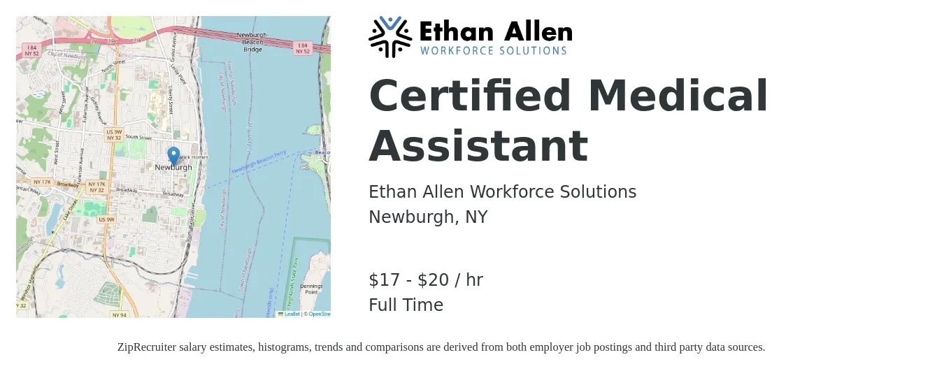 Ethan Allen Workforce Solutions job posting for a Certified Medical Assistant in Newburgh, NY with a salary of $18 to $21 Hourly with a map of Newburgh location.