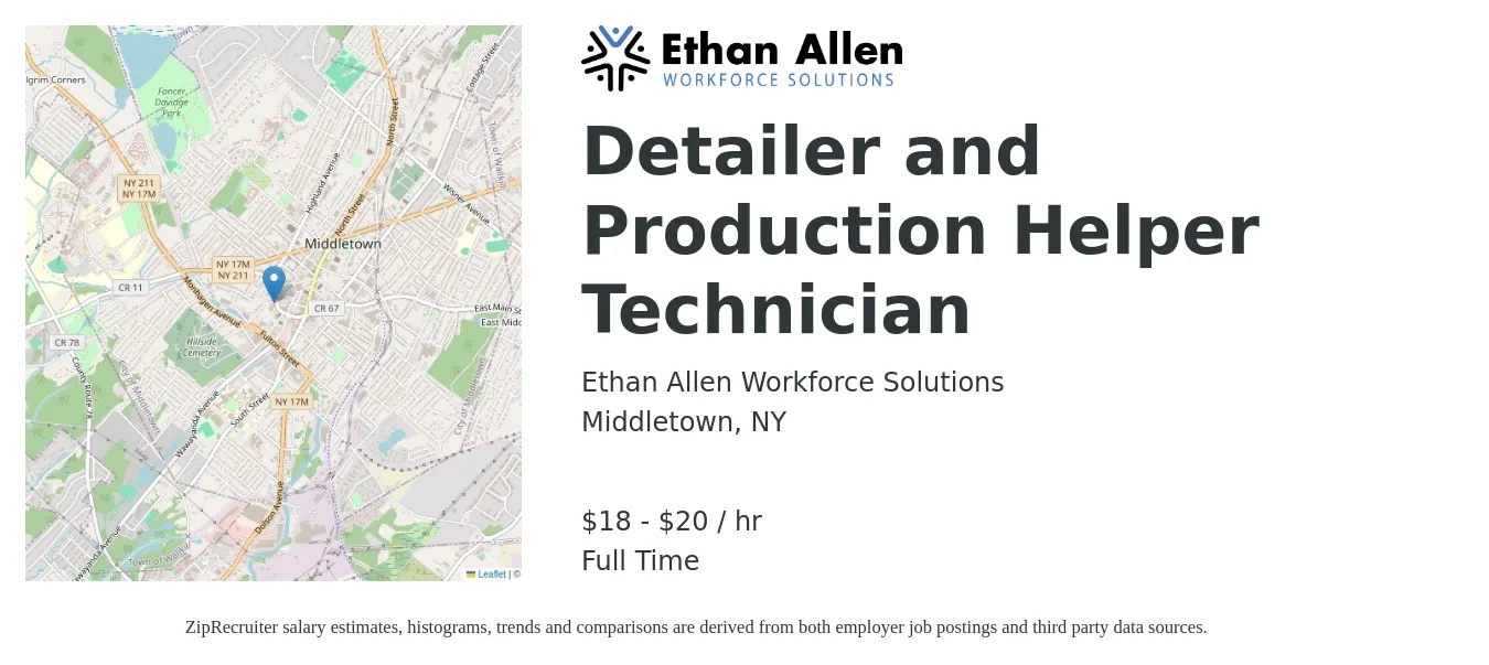 Ethan Allen Workforce Solutions job posting for a Detailer and Production Helper Technician in Middletown, NY with a salary of $21 to $25 Hourly with a map of Middletown location.