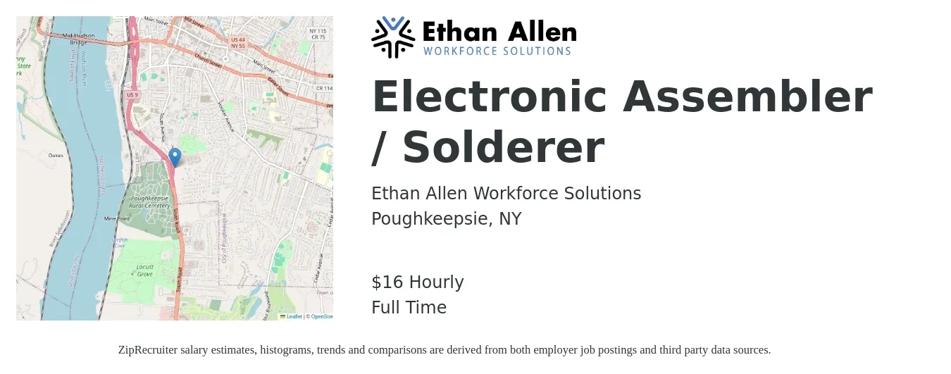 Ethan Allen Workforce Solutions job posting for a Electronic Assembler / Solderer in Poughkeepsie, NY with a salary of $17 Hourly with a map of Poughkeepsie location.