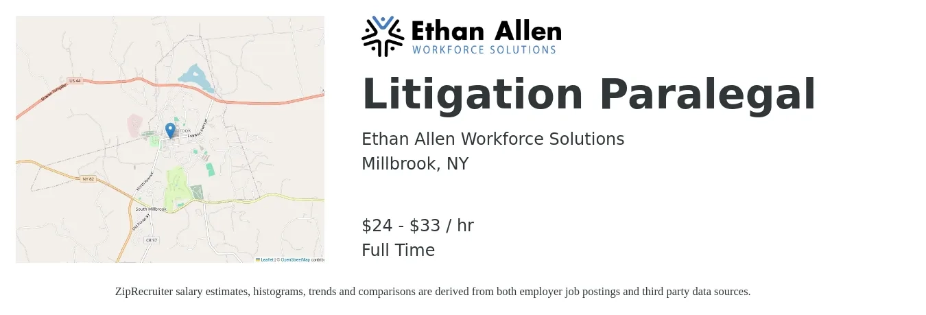 Ethan Allen Workforce Solutions job posting for a Litigation Paralegal in Millbrook, NY with a salary of $25 to $35 Hourly with a map of Millbrook location.