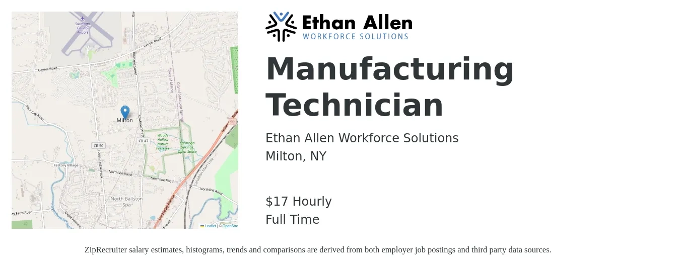 Ethan Allen Workforce Solutions job posting for a Manufacturing Technician in Milton, NY with a salary of $17 Hourly with a map of Milton location.