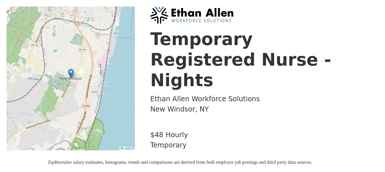 Ethan Allen Workforce Solutions job posting for a Temporary Registered Nurse - Nights in New Windsor, NY with a salary of $50 Hourly with a map of New Windsor location.