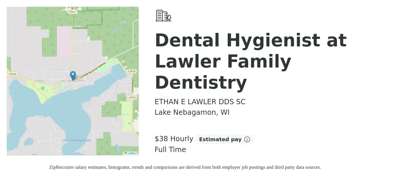 ETHAN E LAWLER DDS SC job posting for a Dental Hygienist at Lawler Family Dentistry in Lake Nebagamon, WI with a salary of $40 Hourly with a map of Lake Nebagamon location.