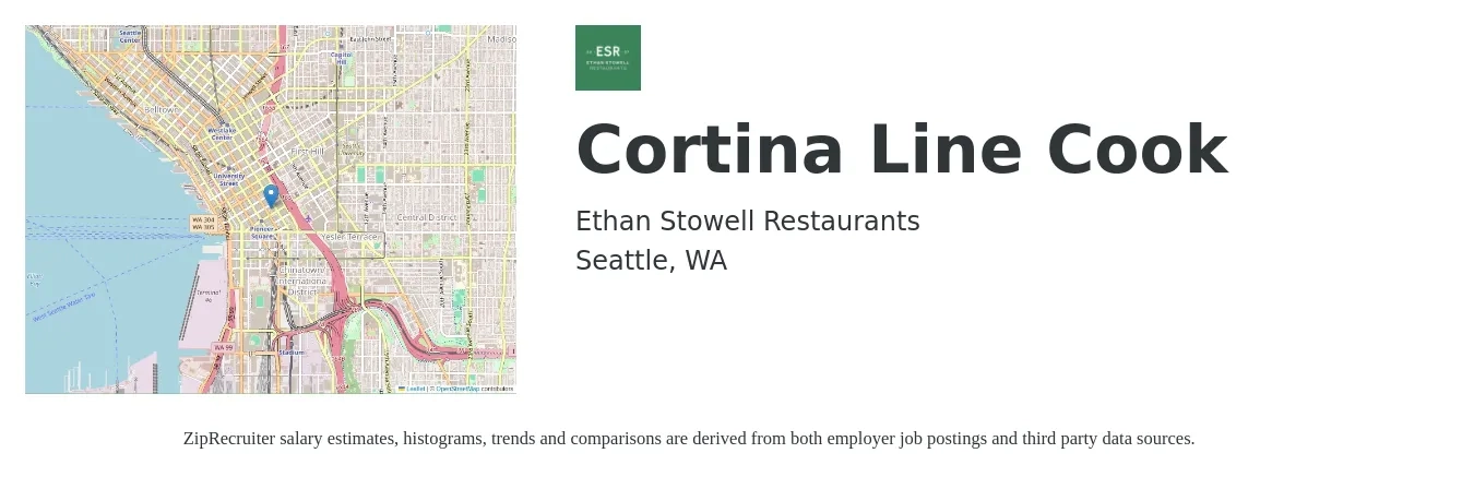 Ethan Stowell Restaurants job posting for a Cortina Line Cook in Seattle, WA with a salary of $20 to $26 Hourly with a map of Seattle location.