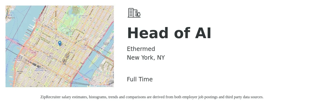 Ethermed job posting for a Head of AI in New York, NY with a salary of $54,700 to $137,300 Yearly with a map of New York location.
