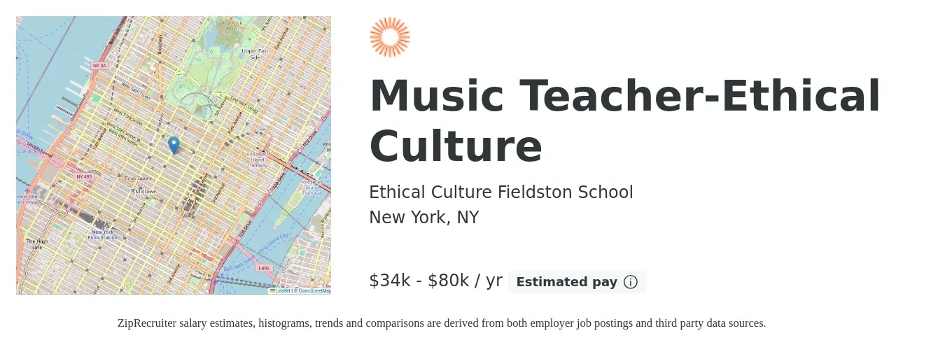 Ethical Culture Fieldston School job posting for a Music Teacher (Ethical Culture) in New York, NY with a salary of $34,106 Yearly with a map of New York location.